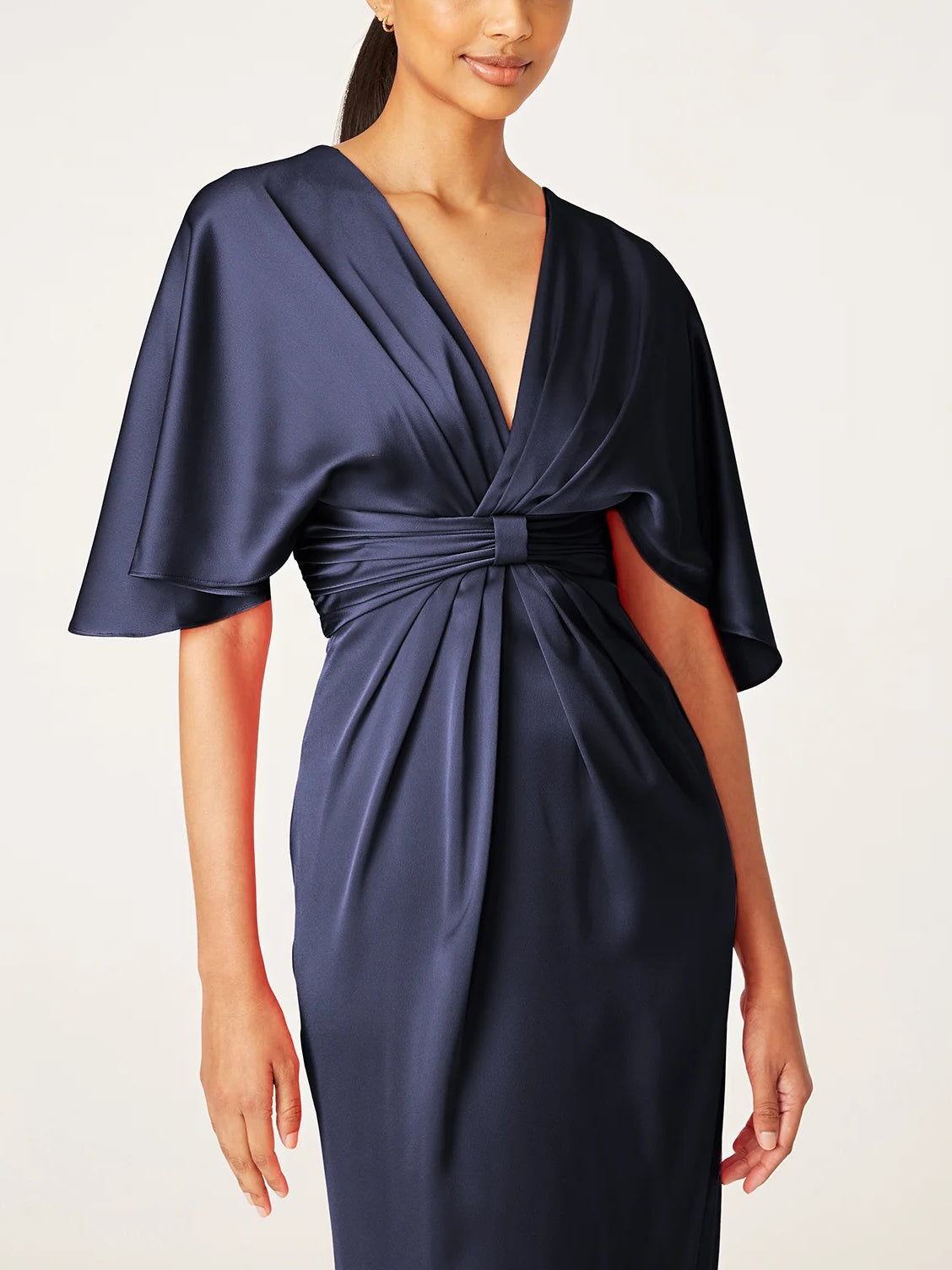 V Neck Half Sleeve Tea Length Sheath Dress For Mother Of The Bride With Ruffles