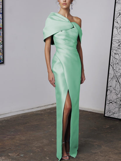 A-Linie/Princess-Linie One-Shoulder-Träger Halbarm Bodenlang Brautmutterkleider mit Rüschen 