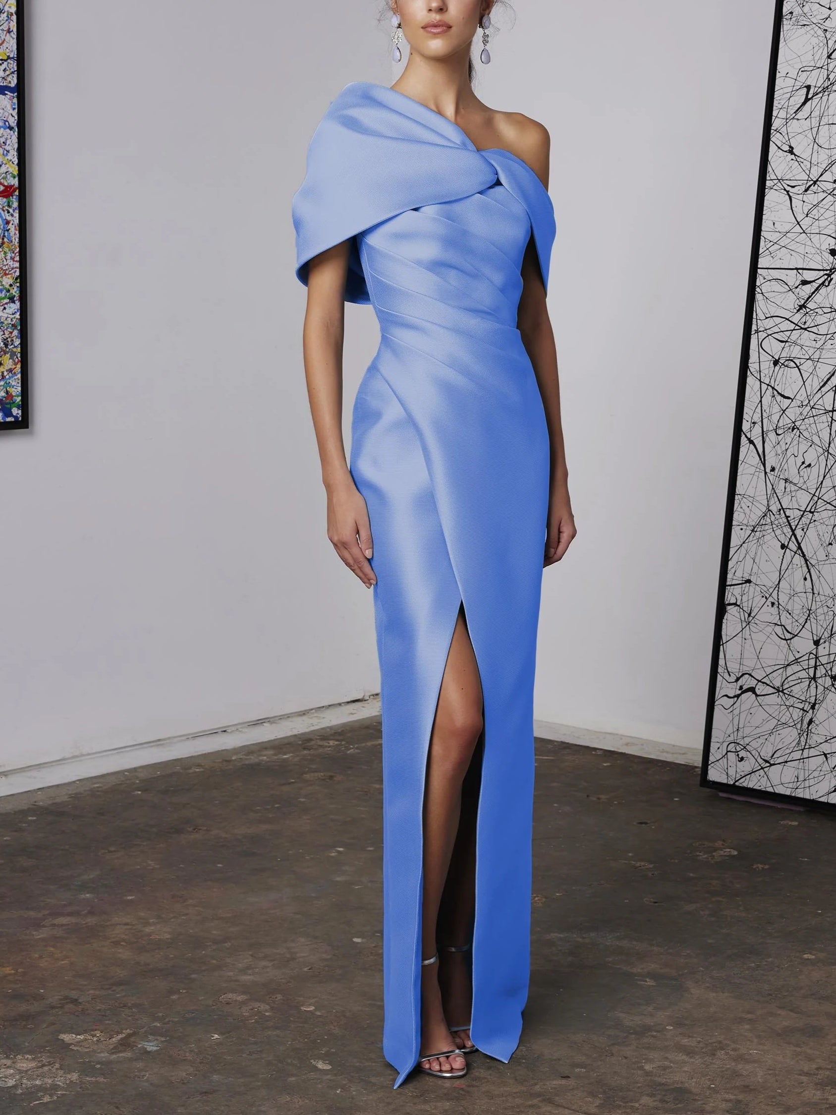 A-Line/Princess One-Shoulder Half Sleeves Floor-Length Mother of the Bride Dresses with Ruffles