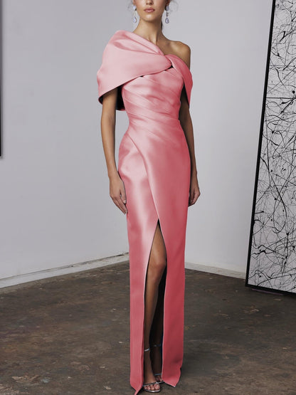 A-Linie/Princess-Linie One-Shoulder-Träger Halbarm Bodenlang Brautmutterkleider mit Rüschen 