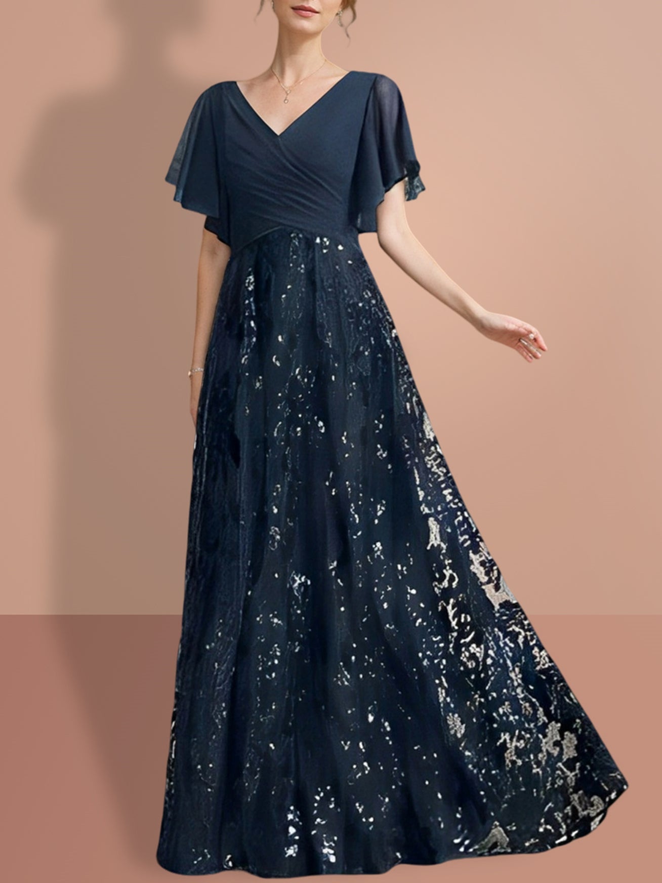 V Neck A Line Floor Length Mother Of The Bride Dress Sequined Short Sleeves