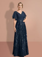 V Neck A Line Floor Length Mother Of The Bride Dress Sequined Short Sleeves