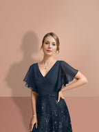 V Neck A Line Floor Length Mother Of The Bride Dress Sequined Short Sleeves