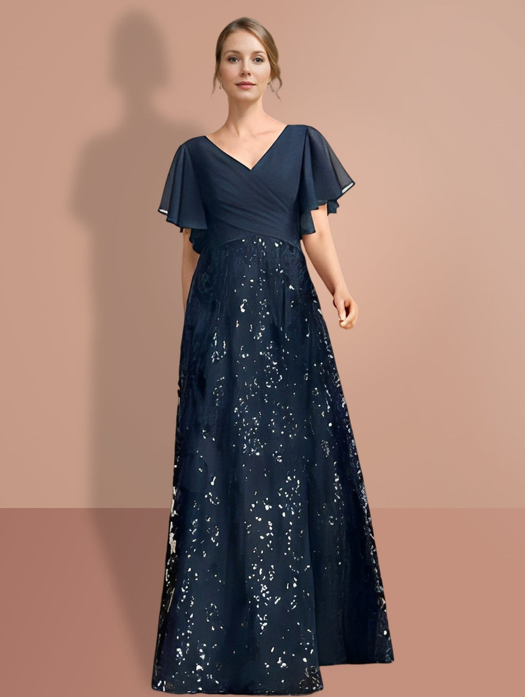 V Neck A Line Floor Length Mother Of The Bride Dress Sequined Short Sleeves