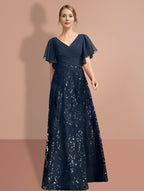 V Neck A Line Floor Length Mother Of The Bride Dress Sequined Short Sleeves