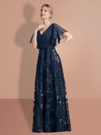 V Neck A Line Floor Length Mother Of The Bride Dress Sequined Short Sleeves