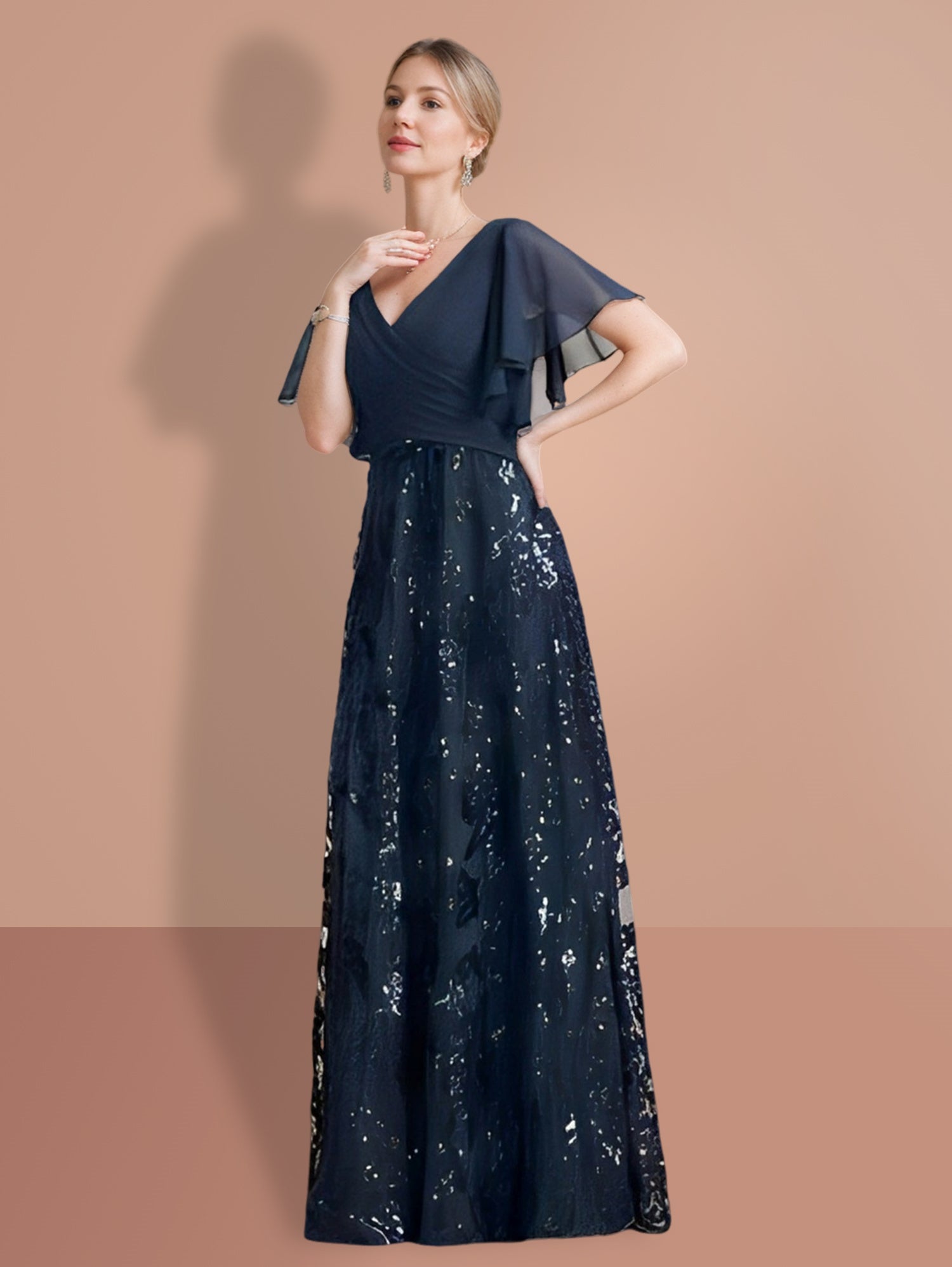V Neck A Line Floor Length Mother Of The Bride Dress Sequined Short Sleeves