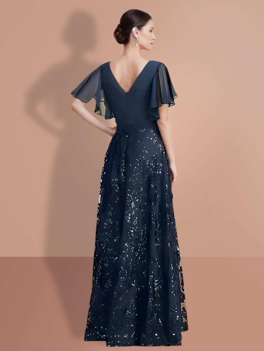 V Neck A Line Floor Length Mother Of The Bride Dress Sequined Short Sleeves