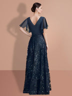 V Neck A Line Floor Length Mother Of The Bride Dress Sequined Short Sleeves