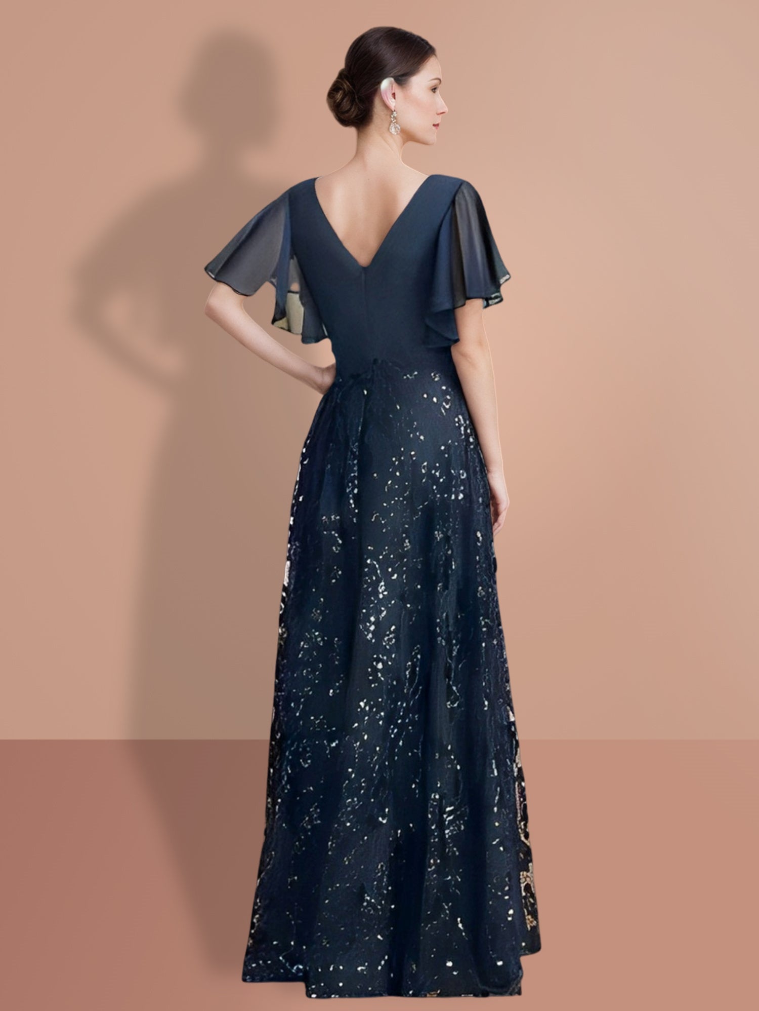 V Neck A Line Floor Length Mother Of The Bride Dress Sequined Short Sleeves