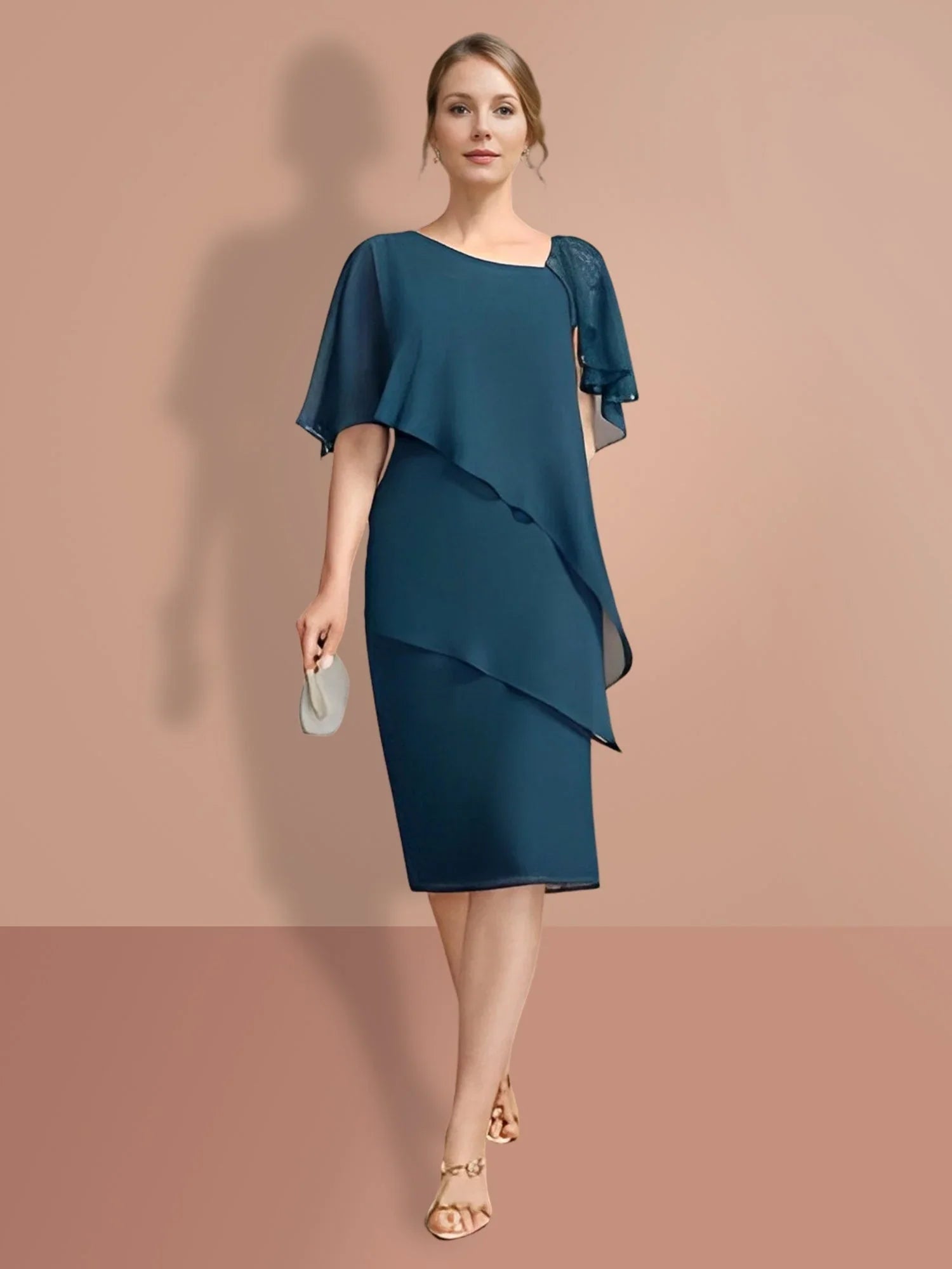 فساتين أم العروس بقصة ضيقة/عمود، بطول الركبة، بأكمام قصيرة