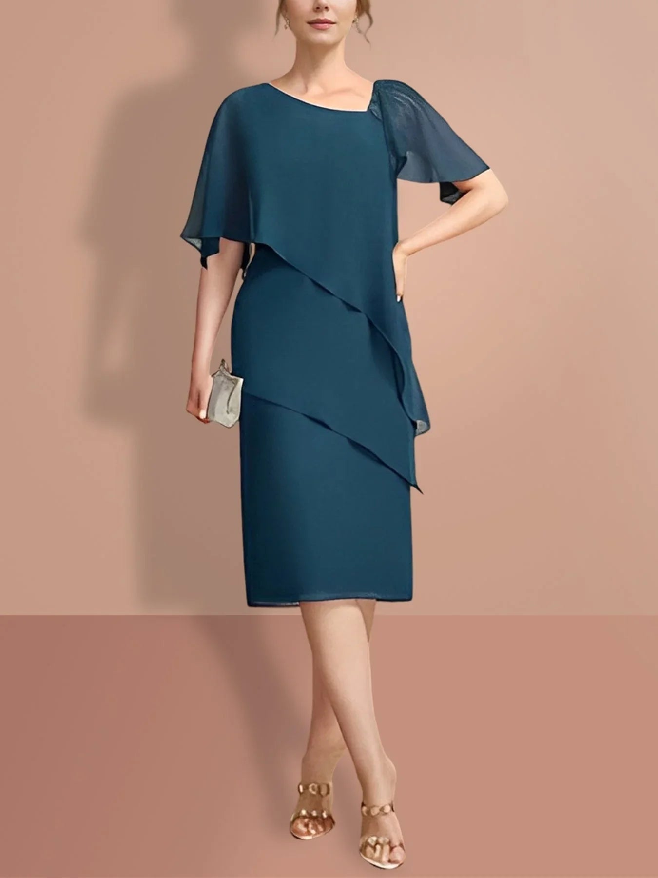 Etui-/Säulen-Knieumspieltes Kleid mit kurzen Ärmeln für die Brautmutter