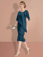 فساتين أم العروس بقصة ضيقة/عمود، بطول الركبة، بأكمام قصيرة