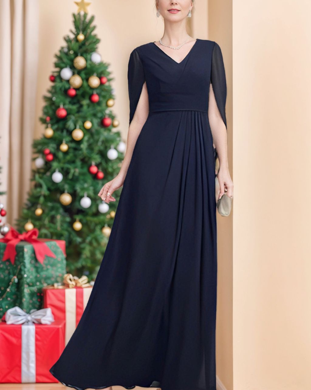 V Neck A Line Princess Mother Of The Bride Dress With Half Sleeves