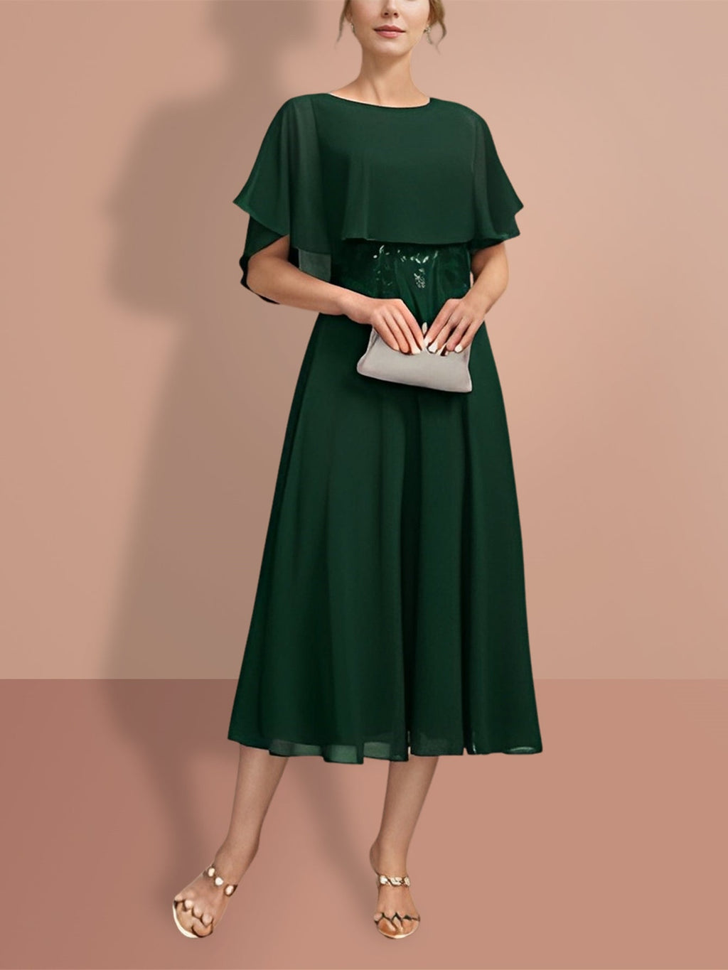 Short Sleeve A Line Princess Gown With Jewel Neckline For Mother Of The Bride