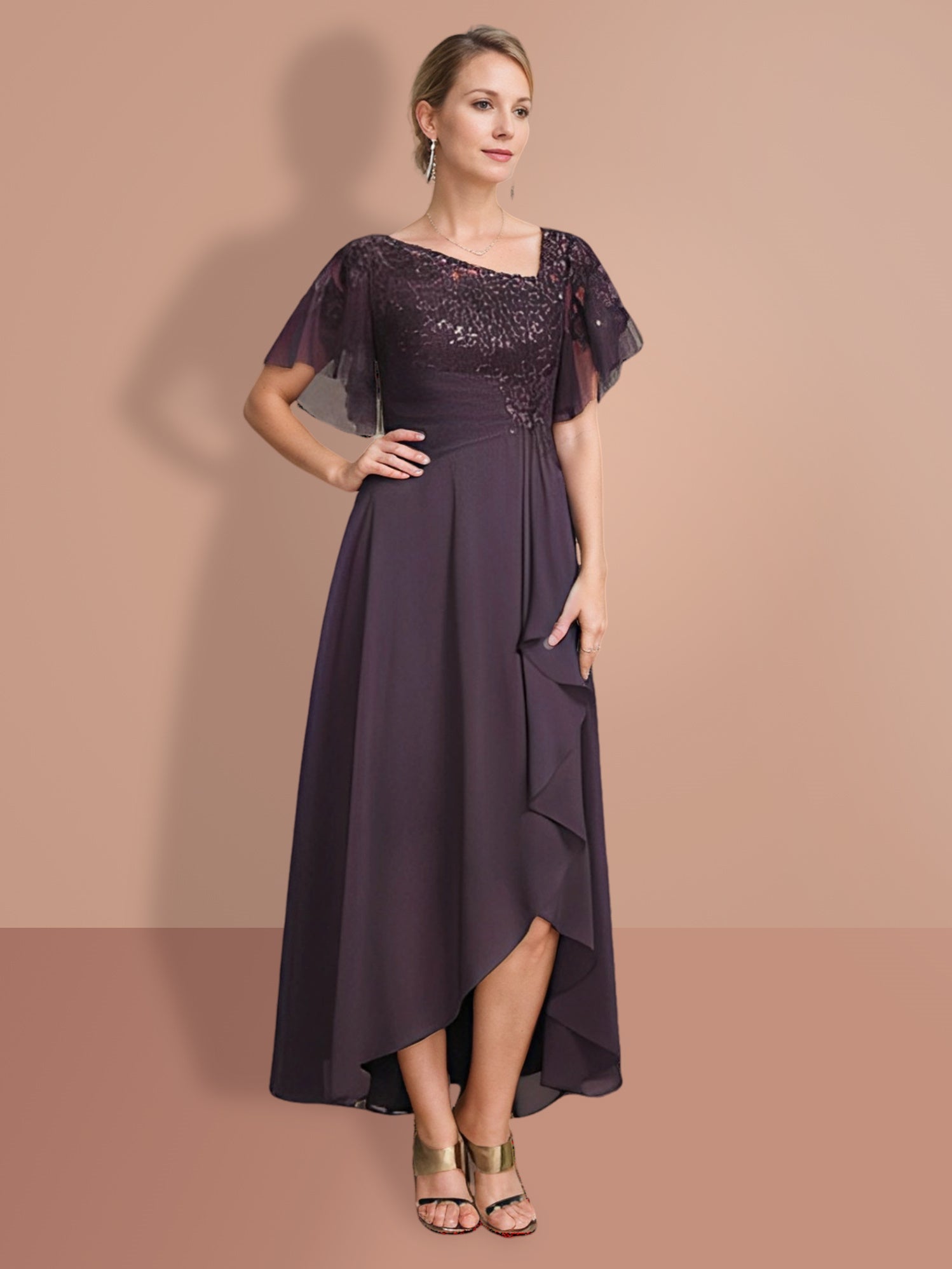 Short Sleeve A Line Princess Mother Of The Bride Dress With Asymmetrical Design