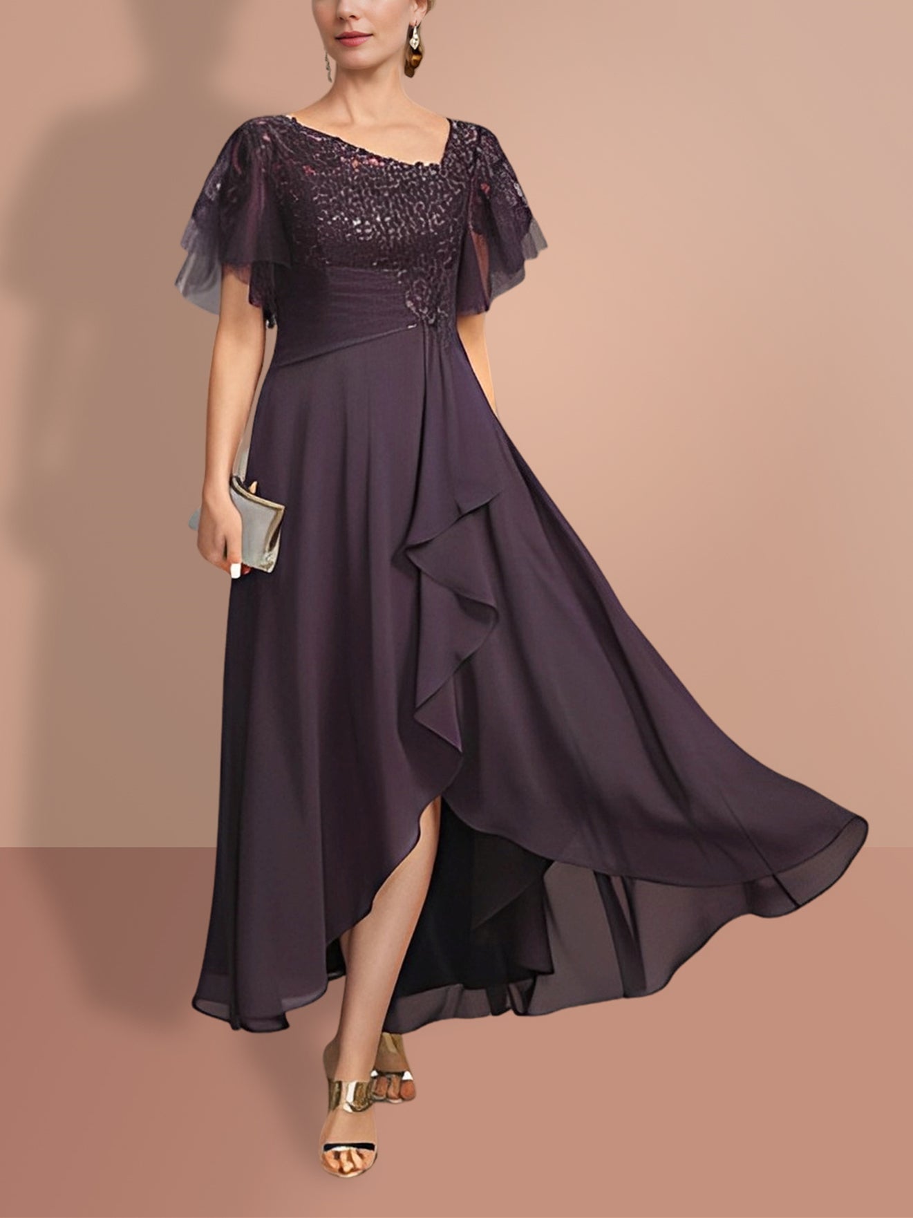 Short Sleeve A Line Princess Mother Of The Bride Dress With Asymmetrical Design