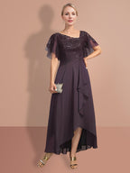 Short Sleeve A Line Princess Mother Of The Bride Dress With Asymmetrical Design