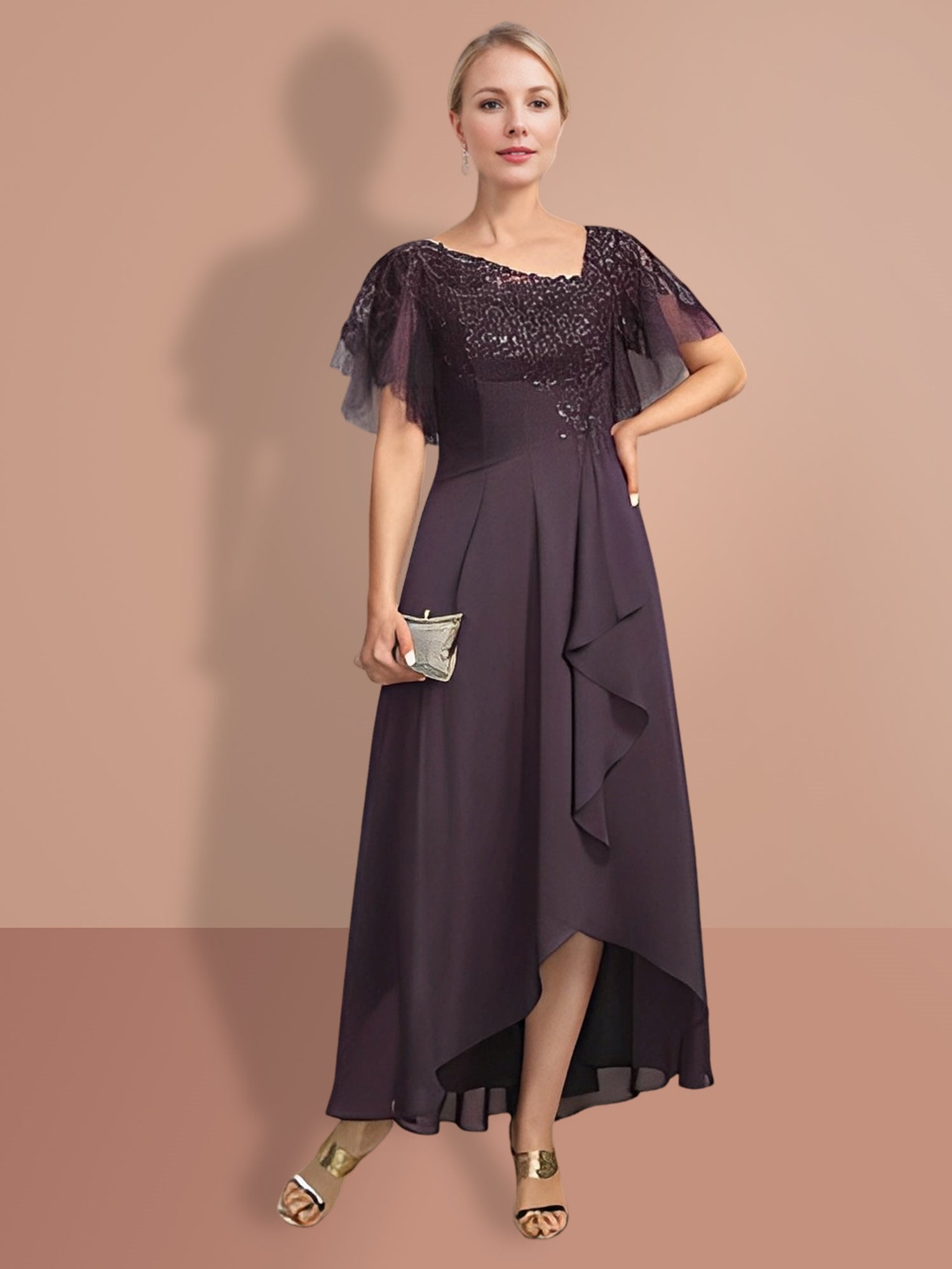 Short Sleeve A Line Princess Mother Of The Bride Dress With Asymmetrical Design