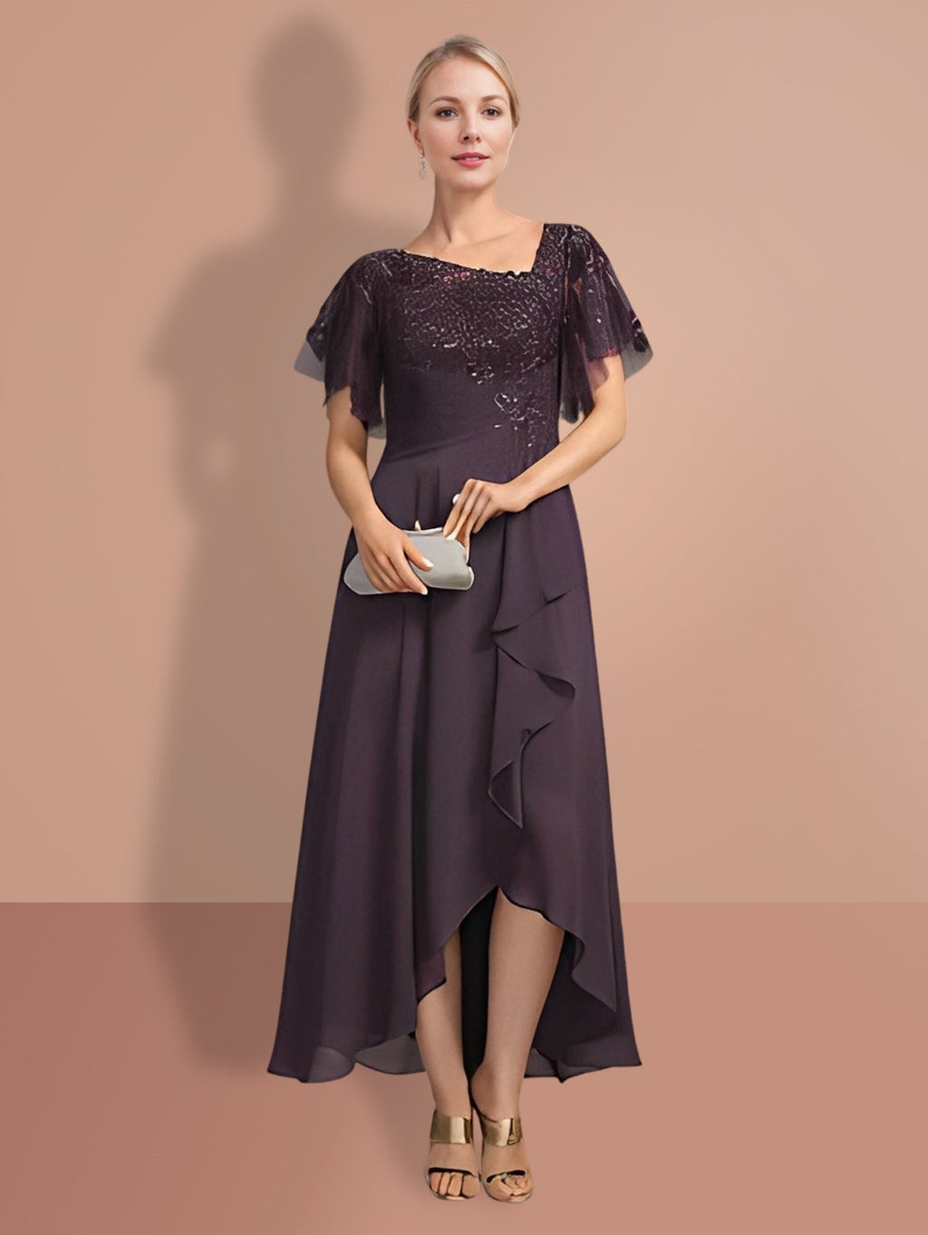 Short Sleeve A Line Princess Mother Of The Bride Dress With Asymmetrical Design