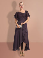 Short Sleeve A Line Princess Mother Of The Bride Dress With Asymmetrical Design