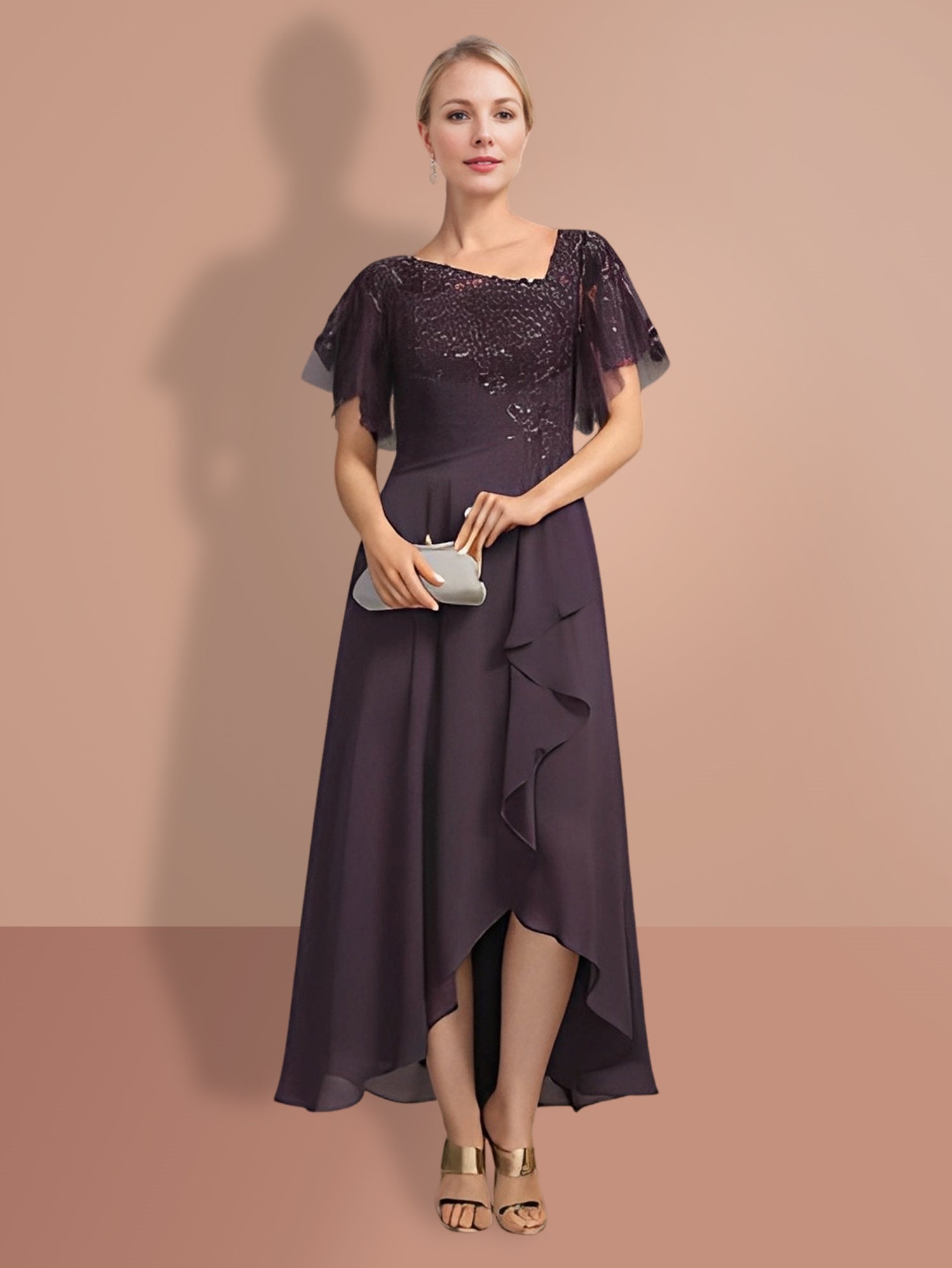 Short Sleeve A Line Princess Mother Of The Bride Dress With Asymmetrical Design