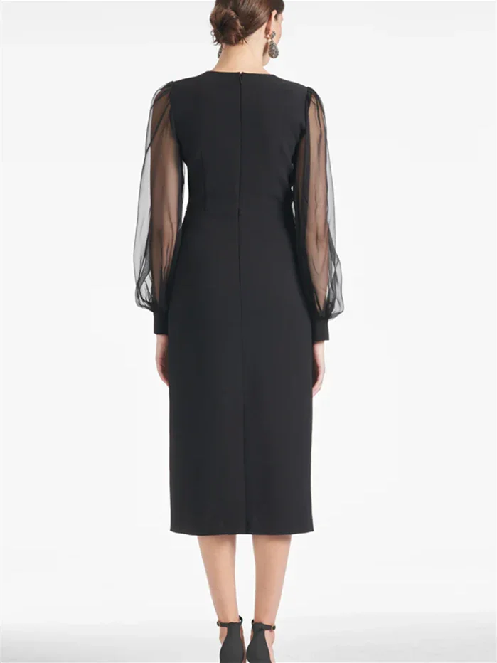 Vestidos de madrina con escote en V, manga corta y largo hasta el té