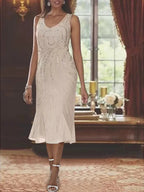 Vestidos de Madre de la Novia de 2 Piezas con Escote en V de Gasa, Chaqueta y Lentejuelas