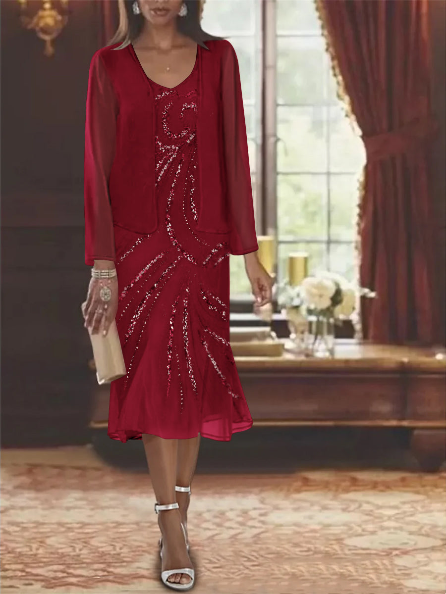 2-Piece V-Neck Chiffon Mother of the Bride Dress Set with Knee-Length Jacket and Sequins