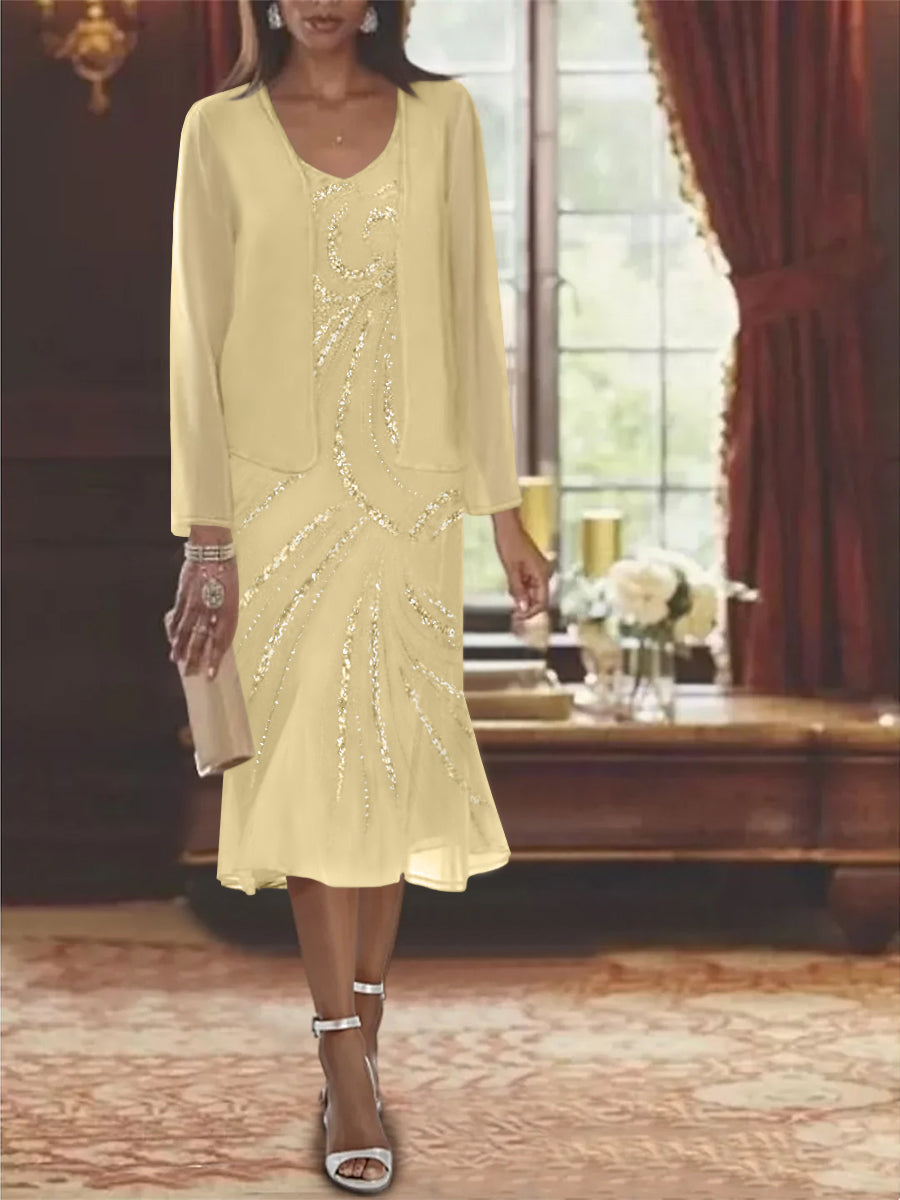 2-Piece V-Neck Chiffon Mother of the Bride Dress Set with Knee-Length Jacket and Sequins