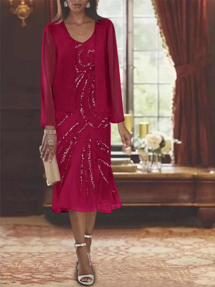 2-Piece V-Neck Chiffon Mother of the Bride Dress Set with Knee-Length Jacket and Sequins