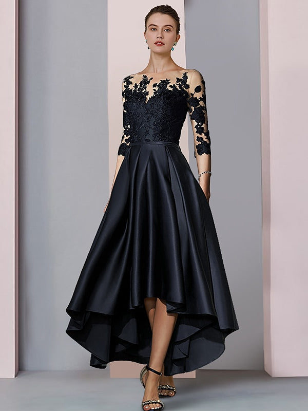 Asymmetrical Tea Length Mother Of The Bride Dresses With Illusion Neckline