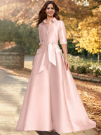 A-Line/Princess V-Neck 1/2 Sleeves Floor-Length Mother of the Bride Dresses with Sash
