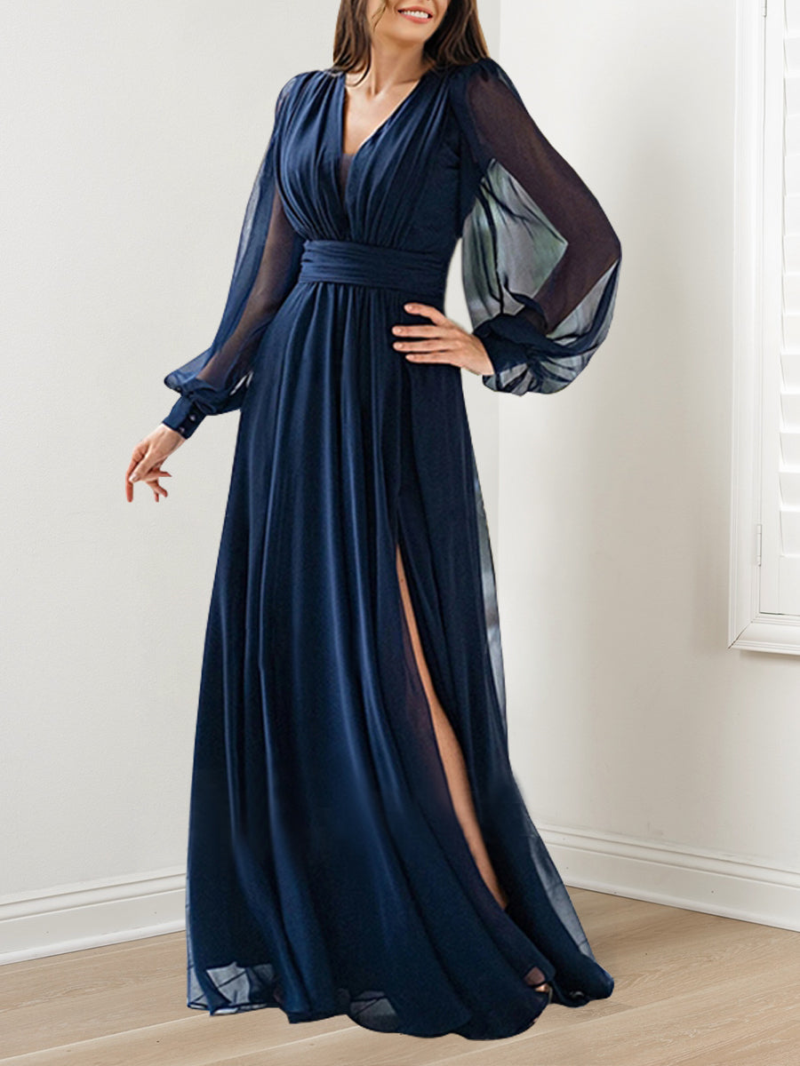 Floor Length V Neck A Line Princess Gown With Ruffles For Mother Of The Bride