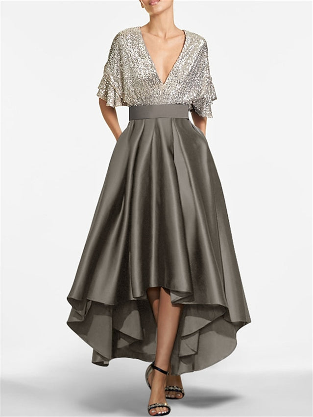 V Neck A Line Princess Mother Of The Bride Dress With Asymmetrical Half Sleeves