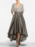 V Neck A Line Princess Mother Of The Bride Dress With Asymmetrical Half Sleeves