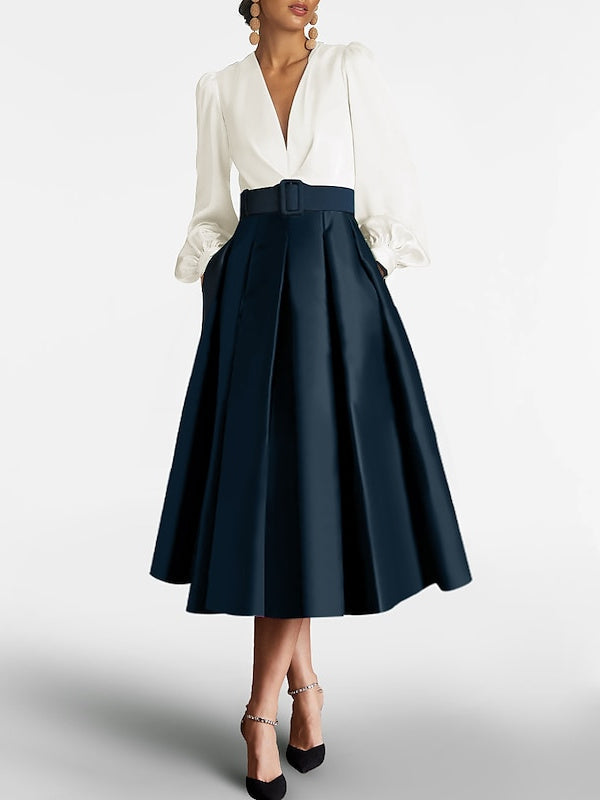 V Neck A Line Princess Gown With Long Sleeves Belt For Mother Of The Bride