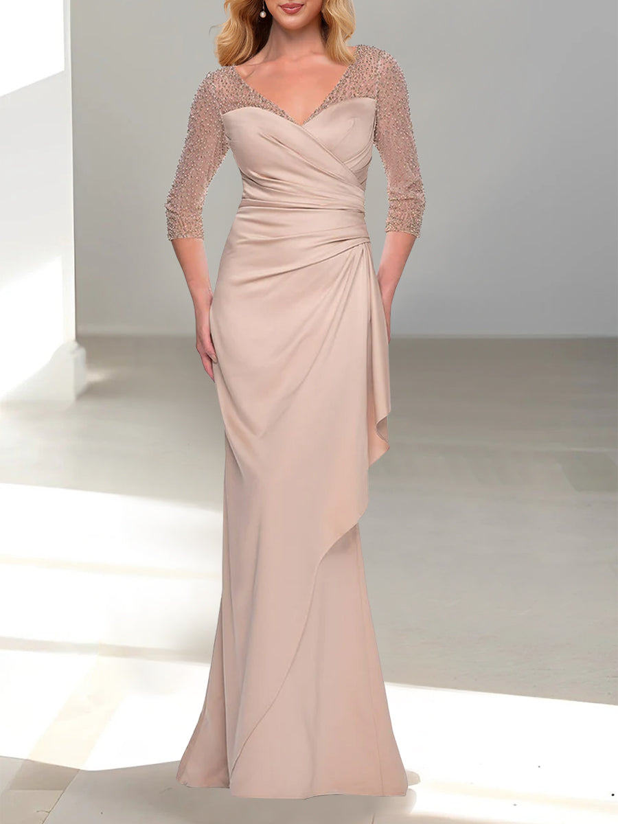Beaded V Neck Mother Of The Bride Dress With ThreeQuarter Sleeve Trumpet Mermaid