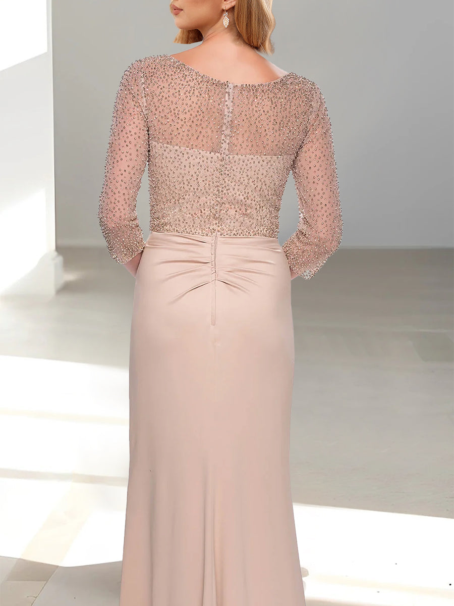Beaded V Neck Mother Of The Bride Dress With ThreeQuarter Sleeve Trumpet Mermaid