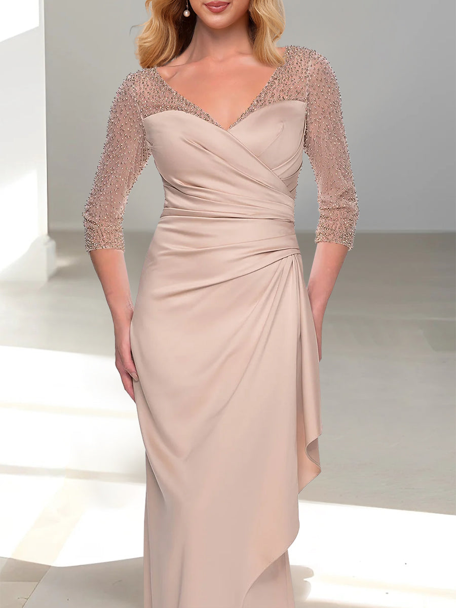 Beaded V Neck Mother Of The Bride Dress With ThreeQuarter Sleeve Trumpet Mermaid