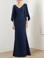 V Neck Mother Of The Bride Trumpet Dress With Three Quarter Sleeves And Ruffles