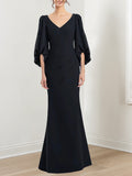 V Neck Mother Of The Bride Trumpet Dress With Three Quarter Sleeves And Ruffles