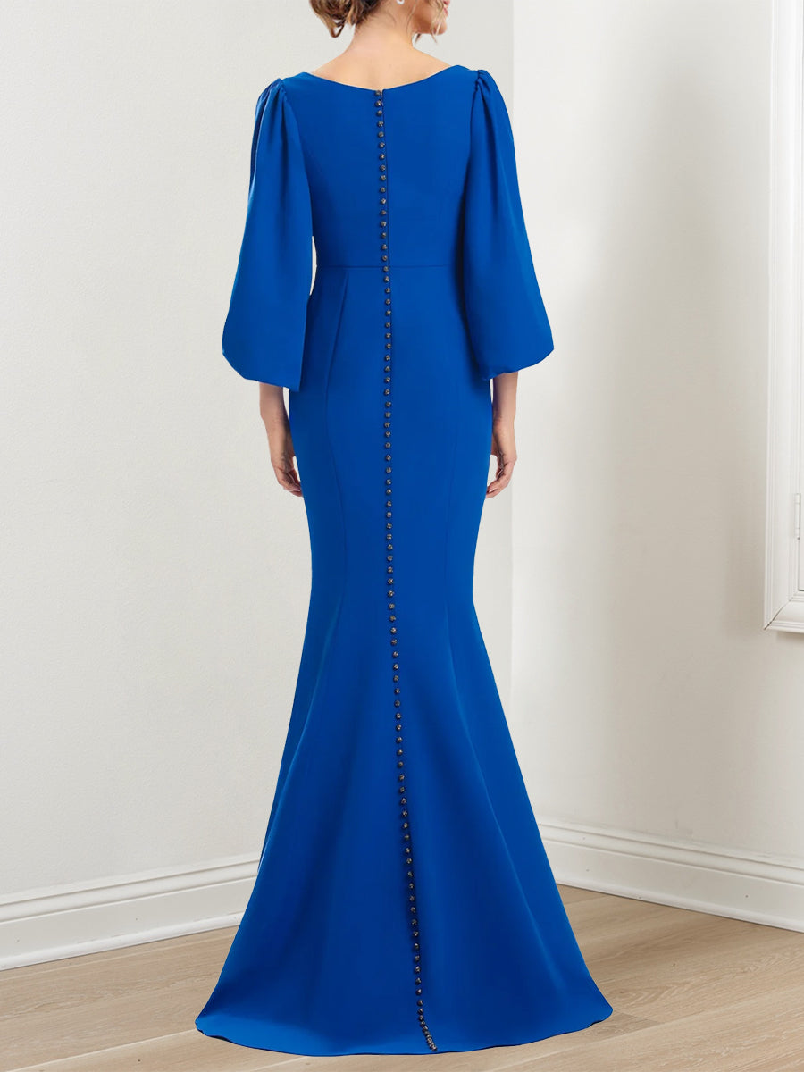 V Neck Mother Of The Bride Trumpet Dress With Three Quarter Sleeves And Ruffles