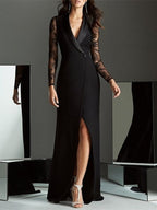 V Neck Long Sleeve Mermaid Or Trumpet Mother Of The Bride Dress With Split