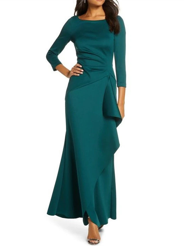 Mother Of The Bride Dress Three Quarter Sleeve Scoop Neck Ruffled Sheath