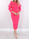 Tea Length Sheath Mother of the Bride Dress with Three Quarter Sleeves Feather