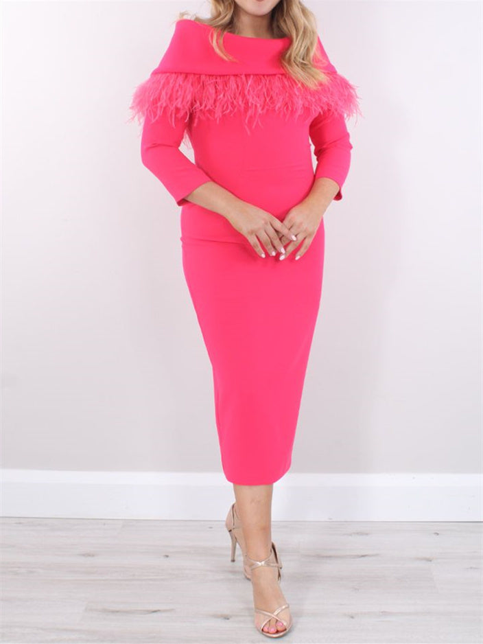 Tea Length Sheath Mother of the Bride Dress with Three Quarter Sleeves Feather