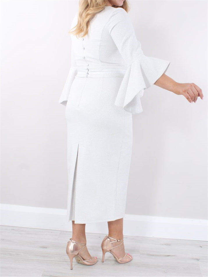 Square Neck Tea Length Sheath Dress For Mother Of The Bride With Ruffles
