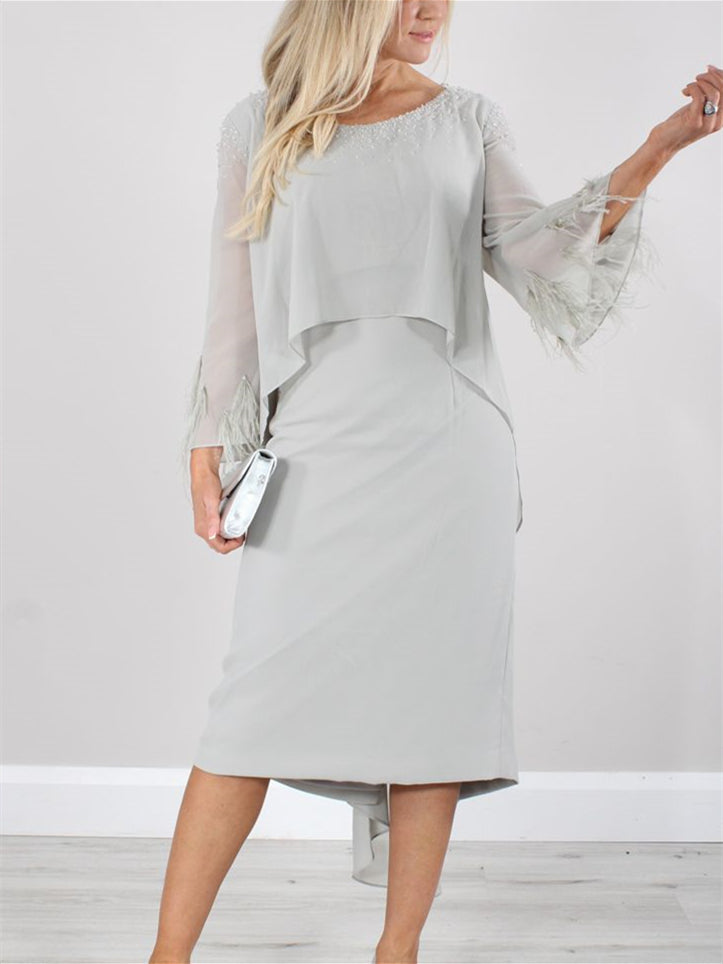 Mother Of The Bride Tea Length Dress With Tassels And Long Sleeves