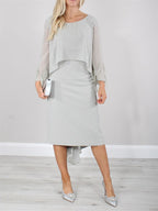 Mother Of The Bride Tea Length Dress With Tassels And Long Sleeves